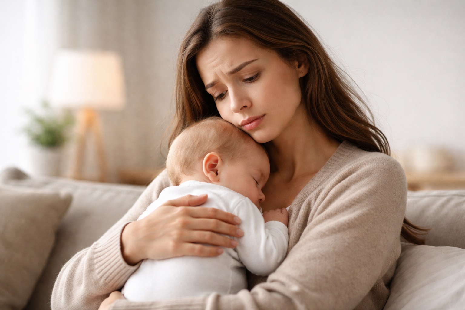 Mãe segurando bebê com expressão pensativa e cansada